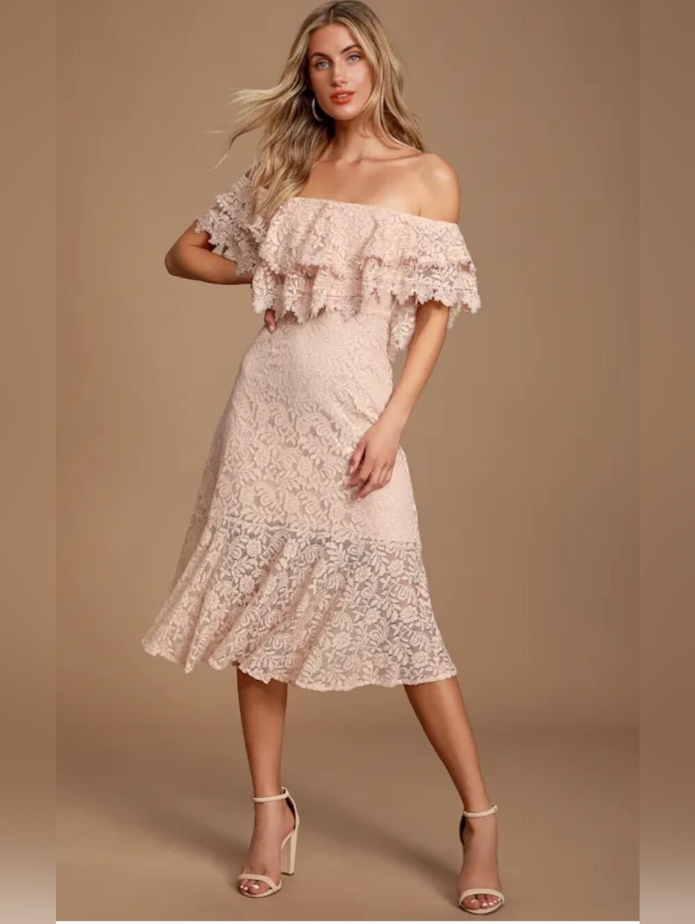 Lulus Blush Lace Romantic Off Shoulder Jaclyn Dress Large